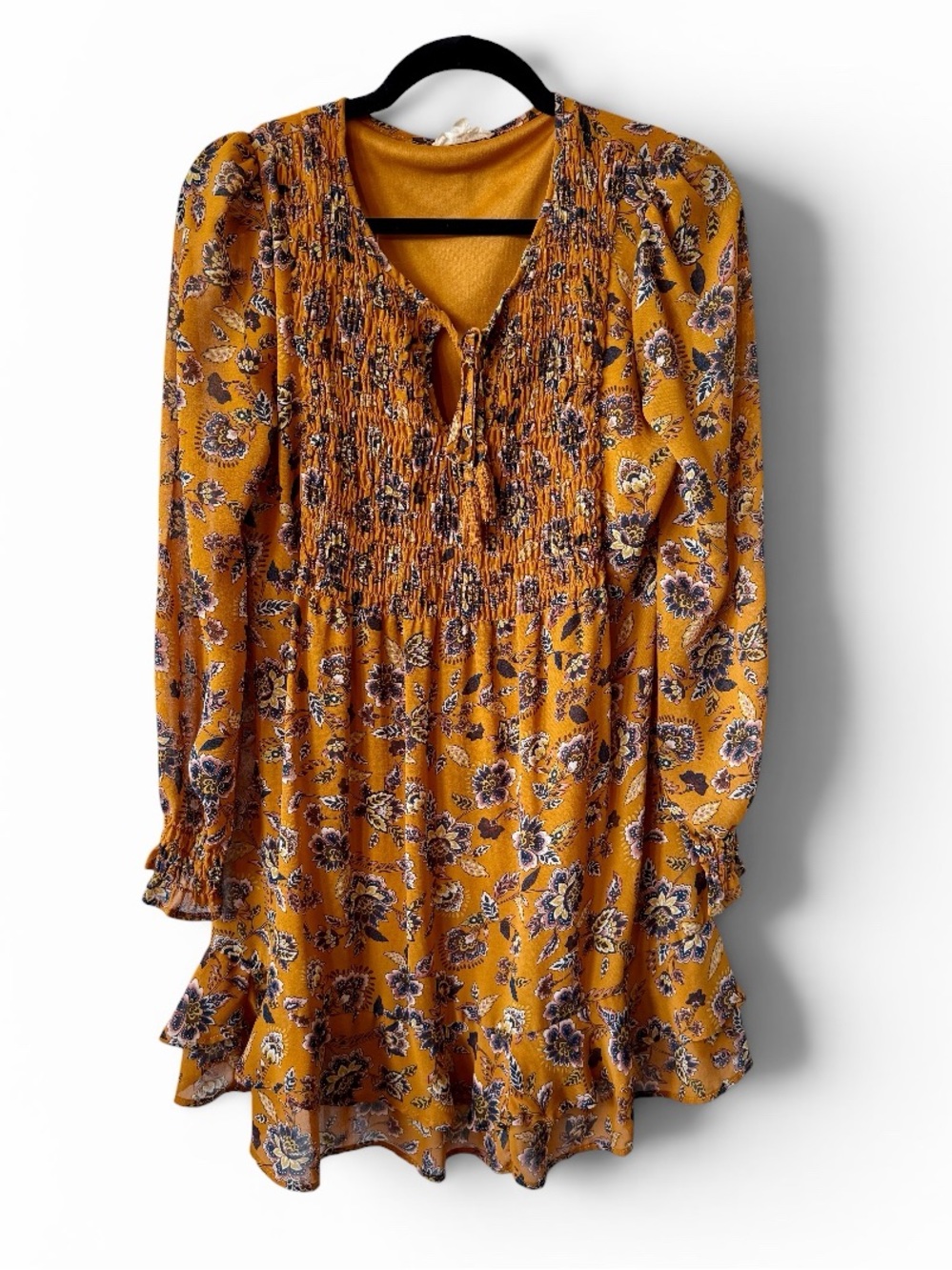 Inspired Hearts Mustard Floral Smocked Mini Dress